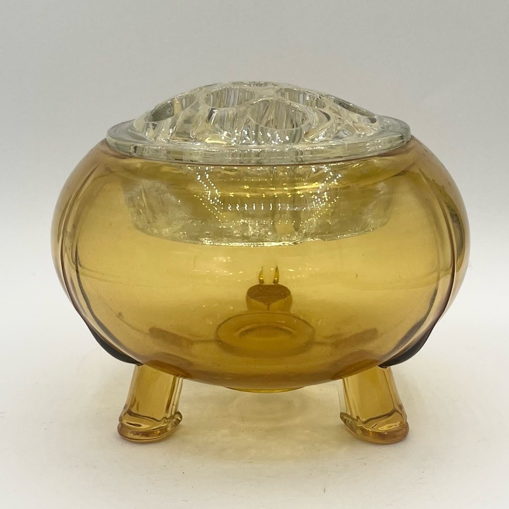 VTG Viking Flowerlite Amber Glass 3-Toed Rose Bowl Vase w/ Flower Frog MCM